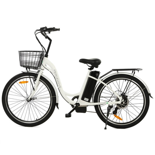Ecotric 26 inch White Peacedove electric city bike with basket and rear rack